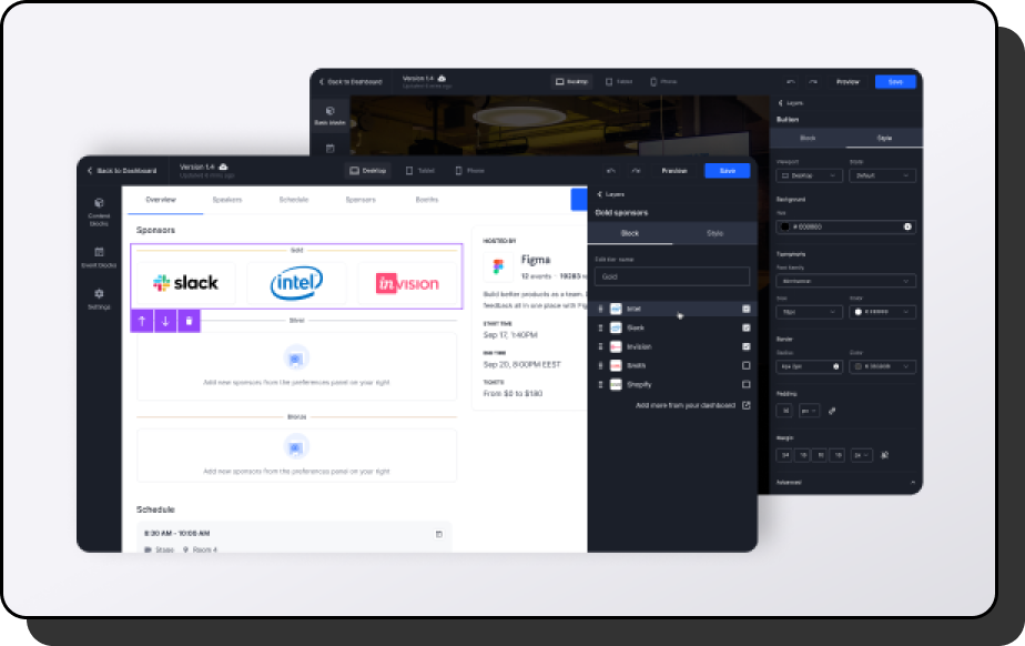 Hopin event dashboard with sponsors screenshot