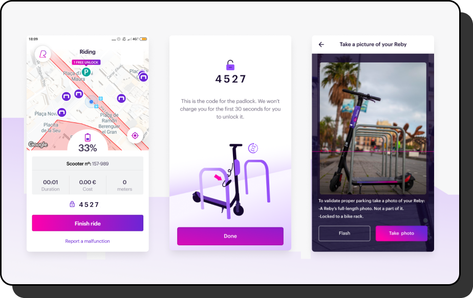 Reby ride and parking flow screens