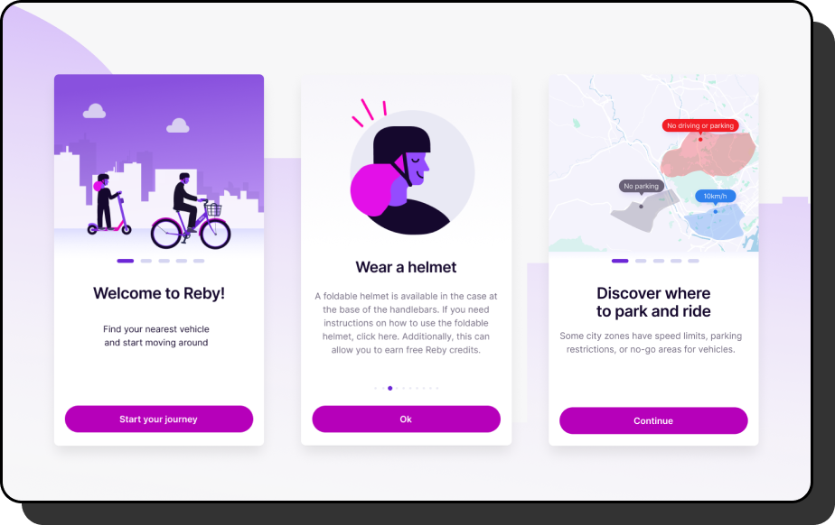 Reby onboarding flow screens